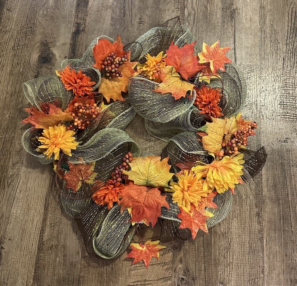 Fall Harvest Mesh Wreath 18 in Autumn Leaves Berries Front Door Decor